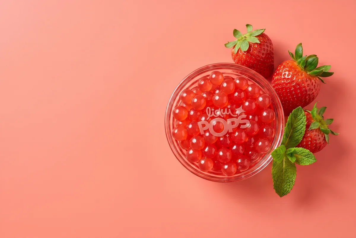 Bowl de perlas explosivas LiquiPops sabor fresa con marca al agua, tres fresas y menta sobre fondo coral, vista cenital — topping rojo brillante