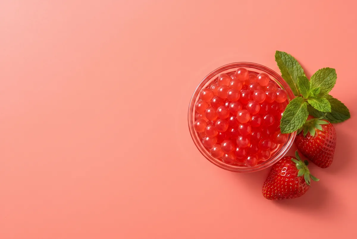 Bowl de perlas explosivas de fresa con fresas frescas y menta sobre fondo coral — perlas explosivas LiquiPops para bebidas