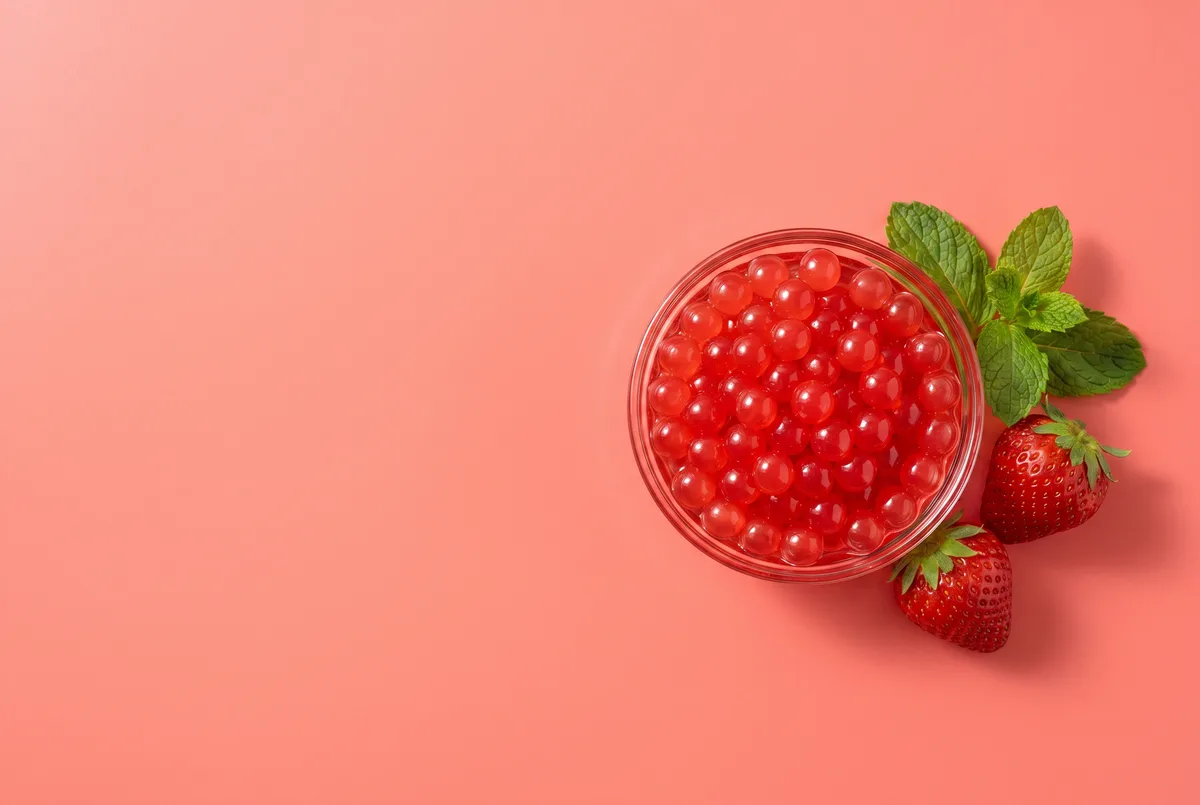 Bowl de perlas explosivas de fresa rojas con fresas frescas y menta sobre fondo coral — topping de perlas explosivas LiquiPops