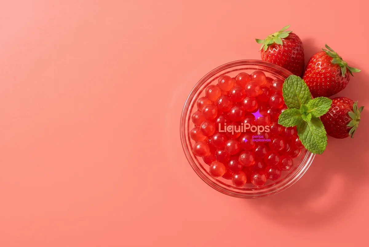 Bowl de perlas explosivas de fresa con fresas y hojas de menta sobre fondo coral — perlas explosivas LiquiPops para tus bebidas