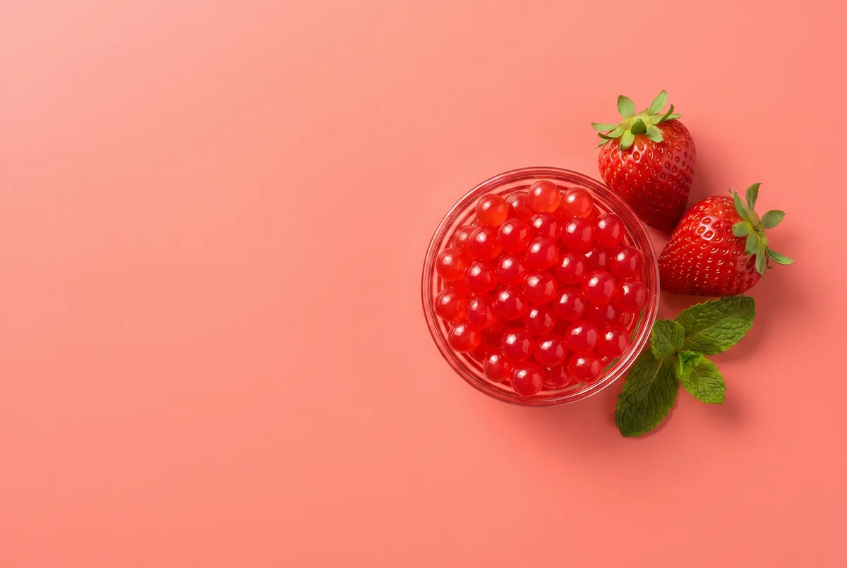 Bowl de perlas explosivas LiquiPops sabor fresa con dos fresas y menta sobre fondo coral, vista cenital — composición limpia