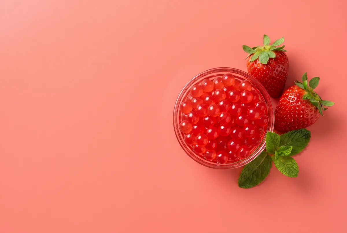 Bowl de perlas explosivas de fresa rojas con fresas frescas y menta sobre fondo coral — topping para bubble tea con perlas explosivas LiquiPops
