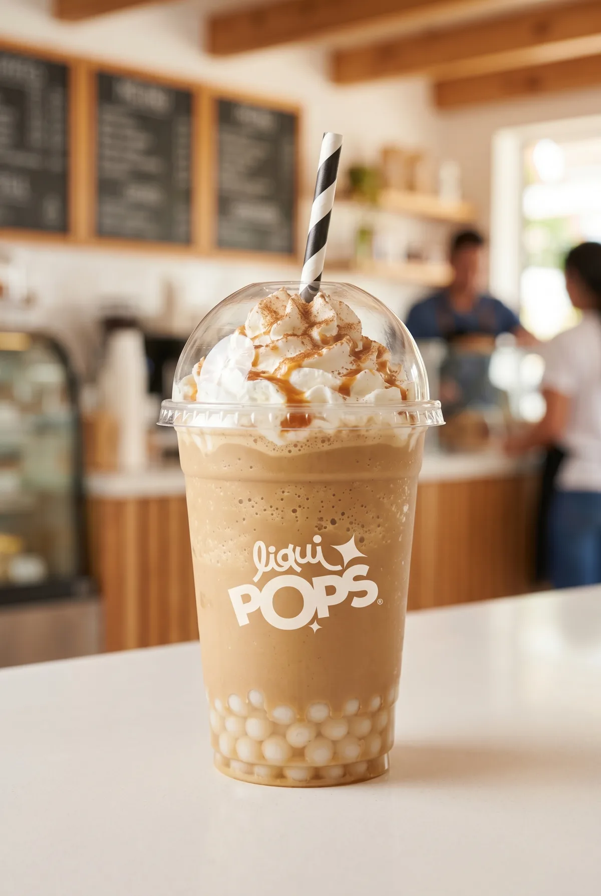 Frappe de cafe con crema batida y perlas explosivas LiquiPops — vaso para llevar en cafeteria