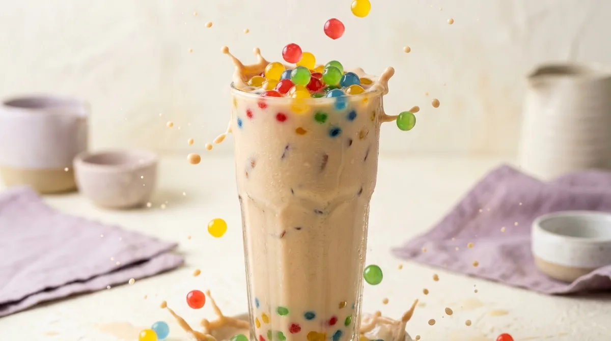 Bubble tea cremoso en vaso alto con perlas explosivas LiquiPops de colores saltando en un splash