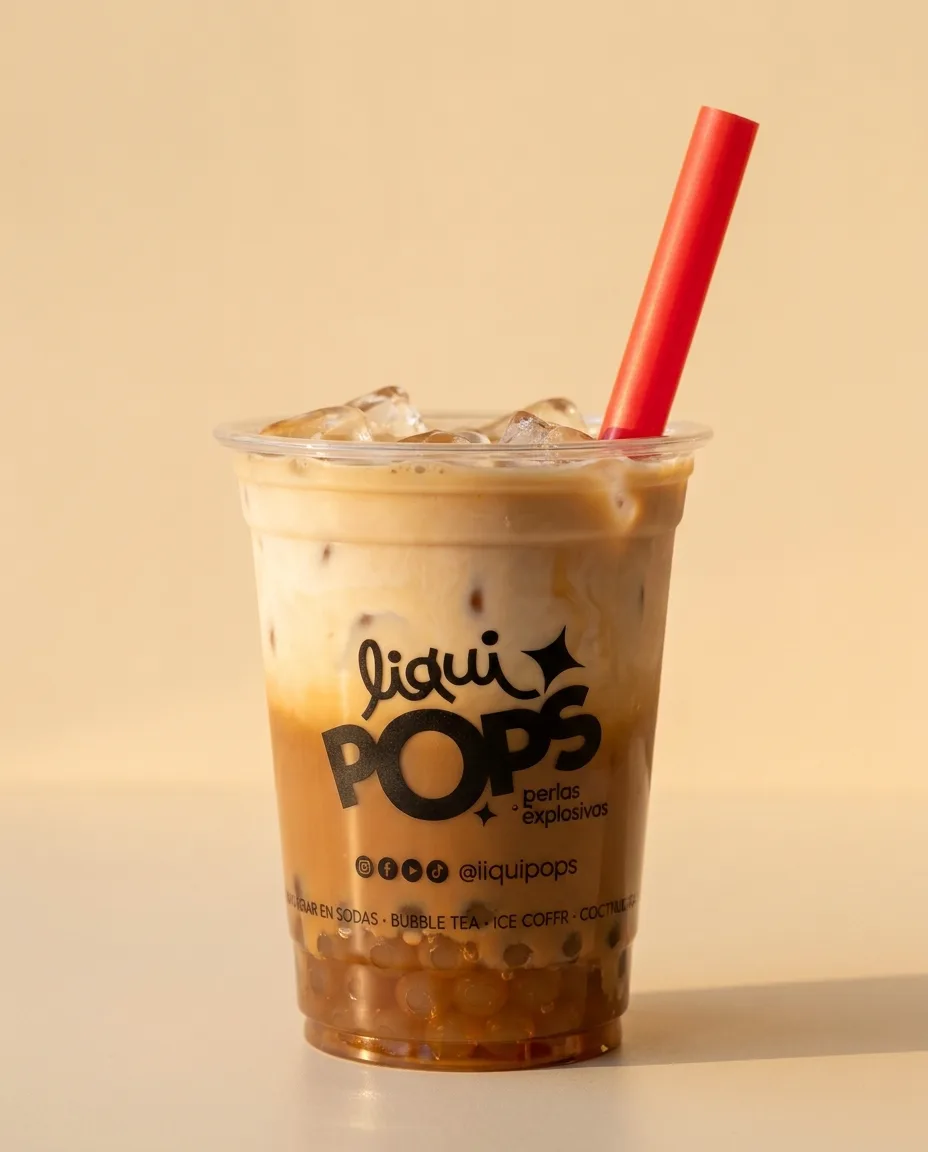 Bubble tea de café con leche y perlas explosivas LiquiPops, en vaso con pitillo rojo sobre fondo crema
