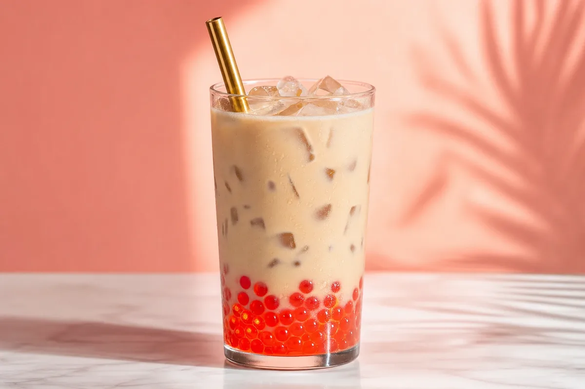 Bubble tea de cafe con perlas explosivas rojas LiquiPops y pitillo dorado, sobre marmol con fondo coral