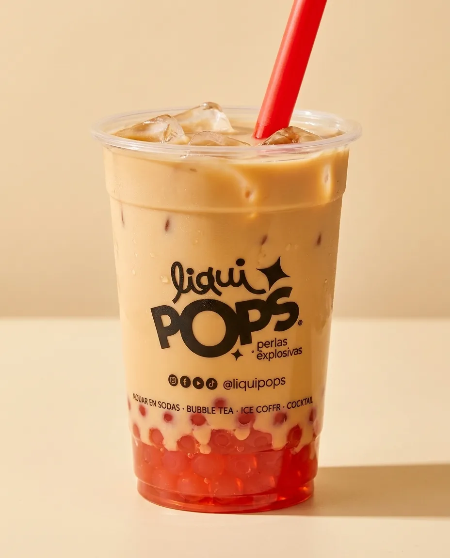 Vaso de bubble tea sabor cafe con perlas explosivas rojas LiquiPops en el fondo, sobre fondo crema