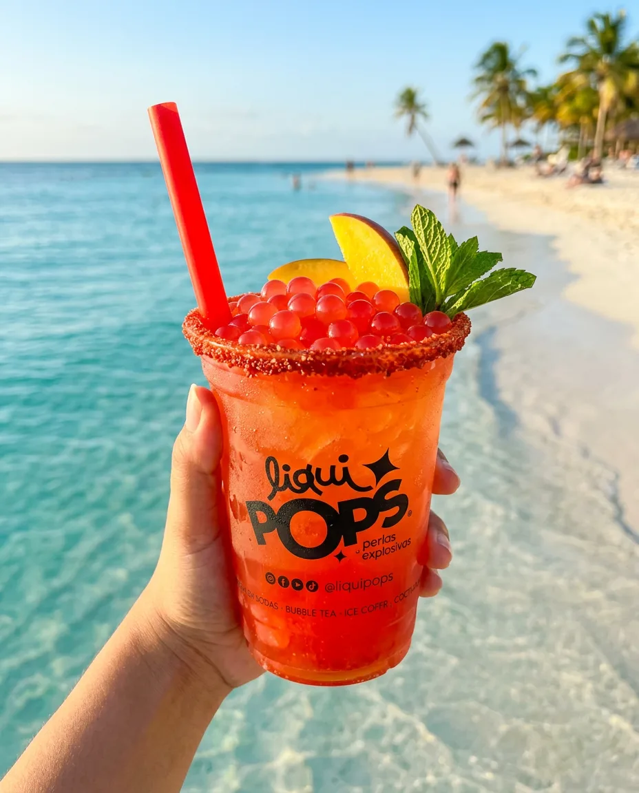 Mano sostiene vaso de bubble tea rojo de fresa con perlas explosivas LiquiPops, escarcha de chamoy y mango — en una playa tropical
