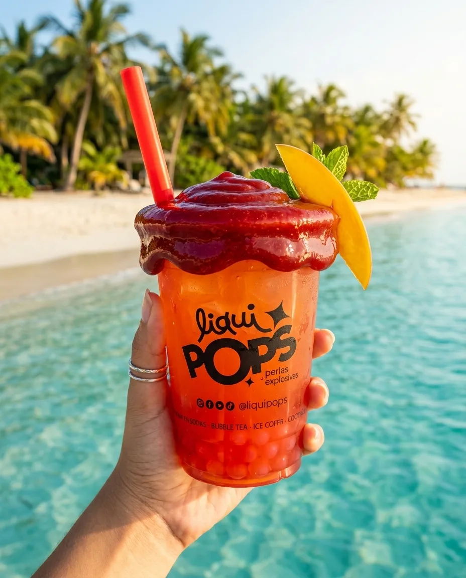 Mano sostiene vaso de bubble tea frozen de fresa con perlas explosivas LiquiPops y mango — junto al mar turquesa