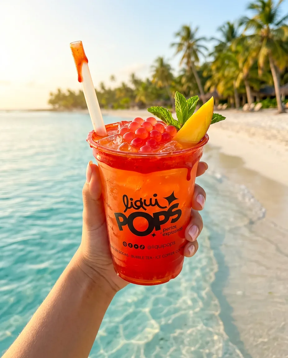 Mano sostiene vaso de bubble tea rojo de fresa con perlas explosivas LiquiPops y mango — frente al mar de una playa tropical
