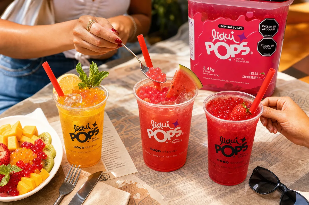 Vasos de bubble tea de fresa, maracuyá y sandía con perlas explosivas LiquiPops — amigos disfrutando en una mesa