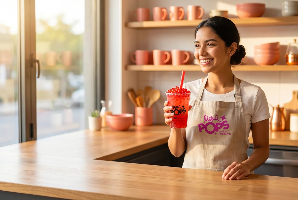 Emprendedora con delantal LiquiPops sostiene un bubble tea de fresa con perlas explosivas y pitillo en cafetería luminosa — sonríe mirando al lado