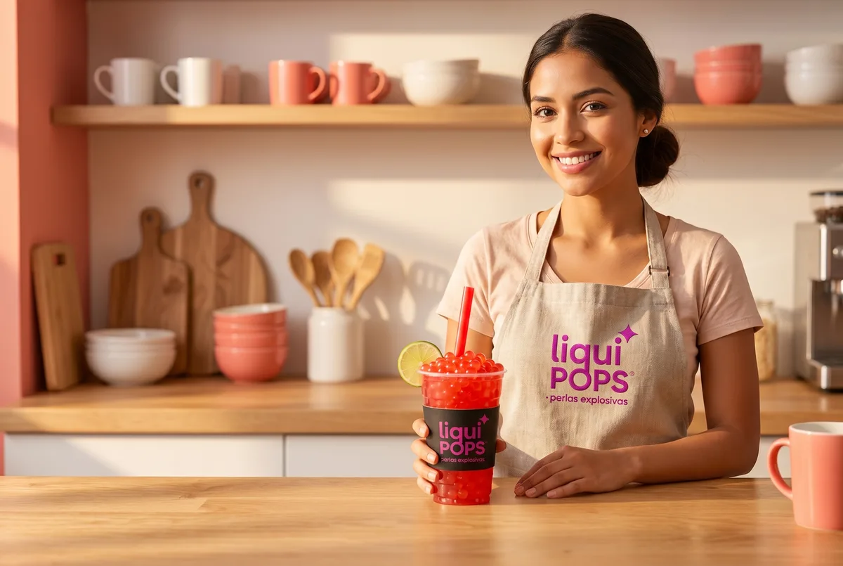 Emprendedora con delantal LiquiPops sostiene un bubble tea rojo de fresa con perlas explosivas, pitillo y rodaja de limón en cocina coral — sonríe a cámara