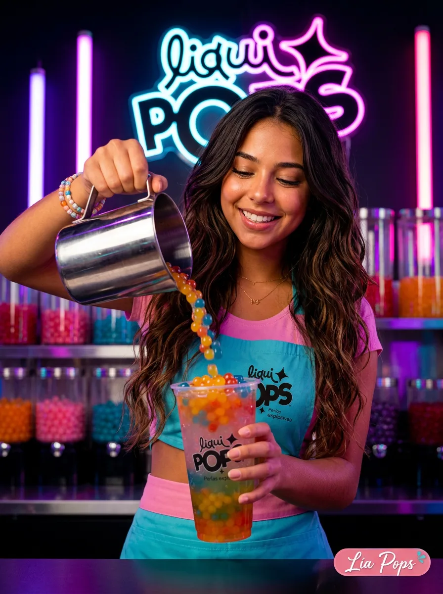 Vaso de bebida frutal sirviendo perlas explosivas LiquiPops — barra con neón, perlas naranjas cayendo desde una jarra