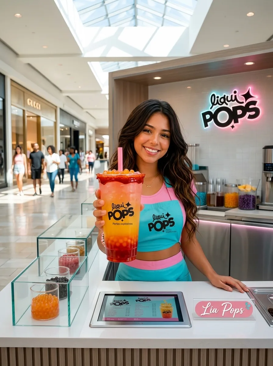 Bubble tea de mango y fresa con perlas explosivas LiquiPops en vaso alto, sostenido en un kiosco de bebidas de centro comercial