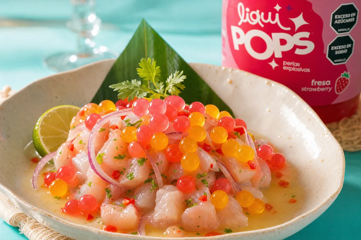 Ceviche de pescado decorado con perlas explosivas LiquiPops rojas y amarillas — plato gourmet junto al tarro de fresa