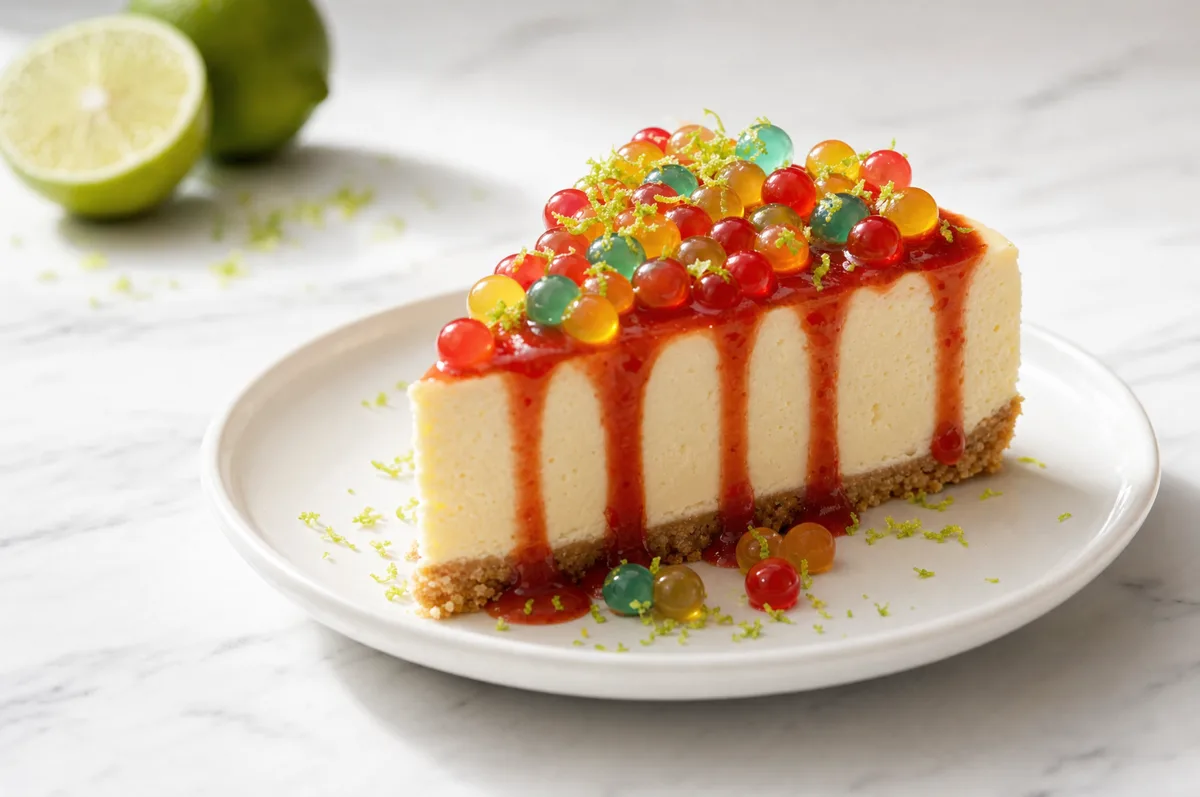 Porción de cheesecake con salsa roja, perlas explosivas LiquiPops surtidas y ralladura de limón encima — postre con topping