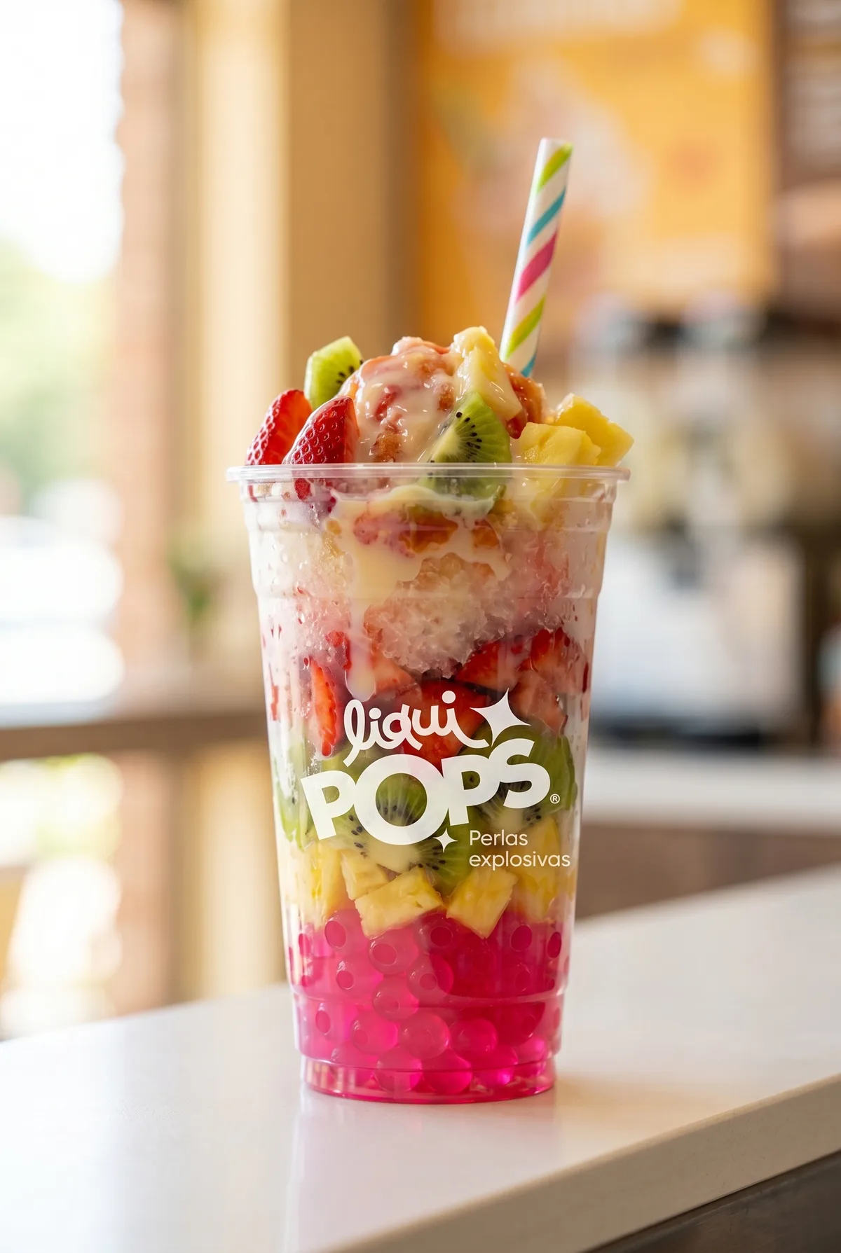 Cholado de frutas con fresa, kiwi y piña sobre perlas explosivas LiquiPops color fucsia — vaso para llevar