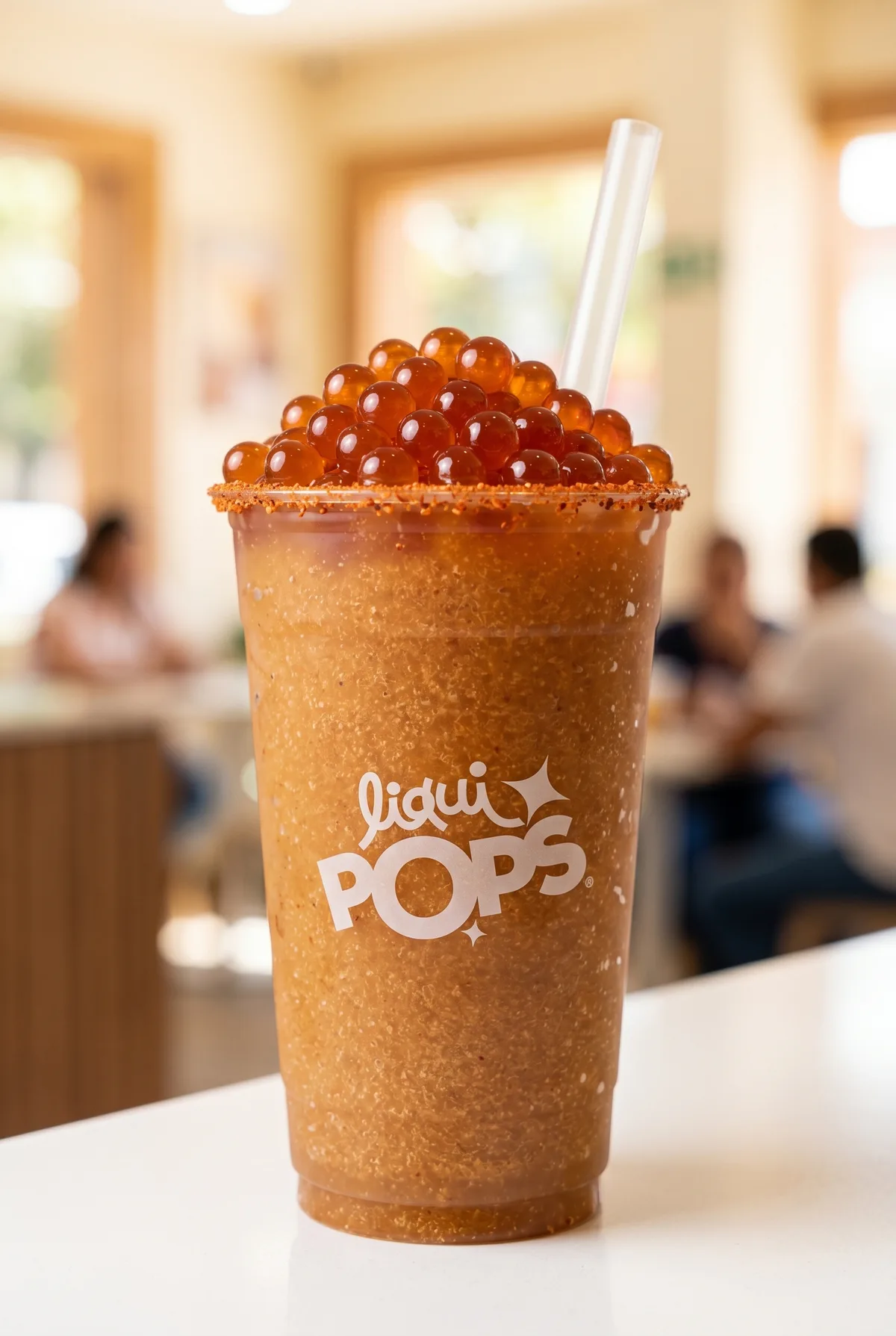 Cholado de frutas frescas con hielo raspado y perlas explosivas fucsia LiquiPops — fresa, kiwi y piña en vaso