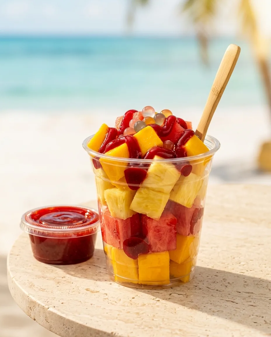Cholado de mango, sandía y piña con chamoy y perlas explosivas LiquiPops en vaso, frente al mar — postre frutal de playa
