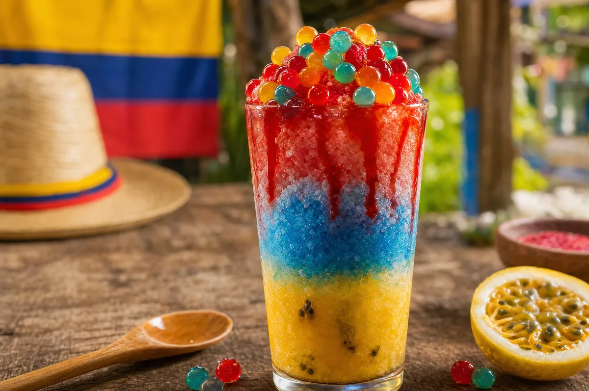 Cholado valluno de capas amarillo, azul y rojo con perlas explosivas LiquiPops de colores encima, sobre mesa de madera con sombrero y bandera de Colombia