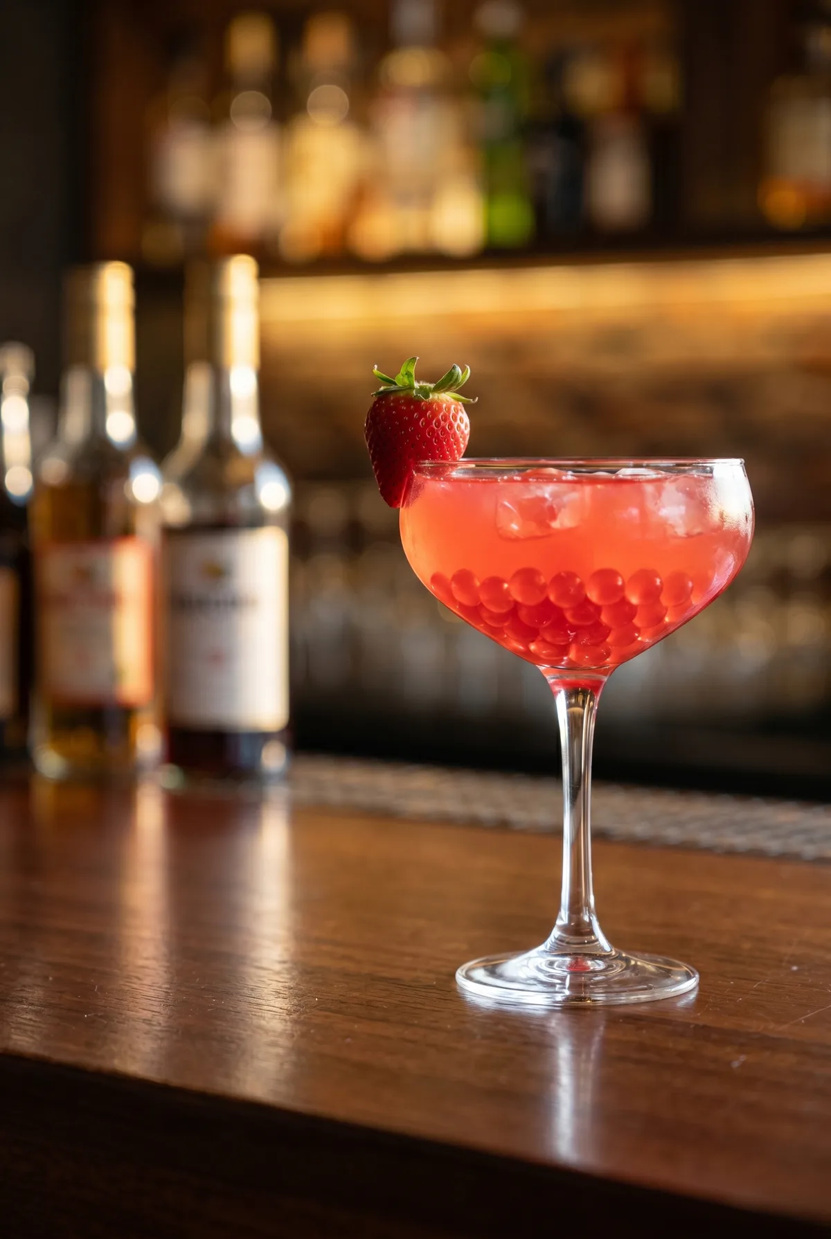 Cóctel rosado de fresa con fresa fresca y perlas explosivas rojas LiquiPops en copa coupé sobre la barra