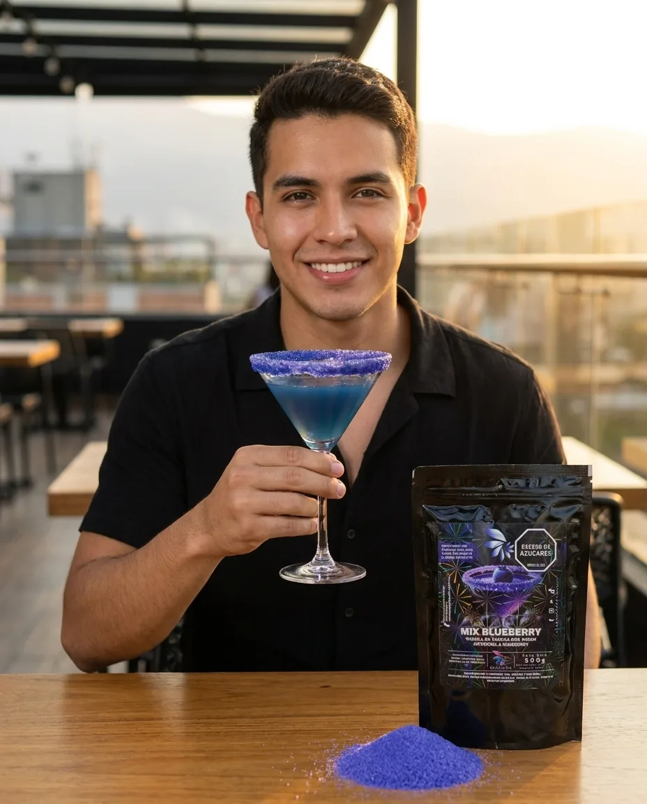 Cóctel azul de blueberry con borde escarchado y perlas explosivas LiquiPops — chico sonriendo en terraza al atardecer