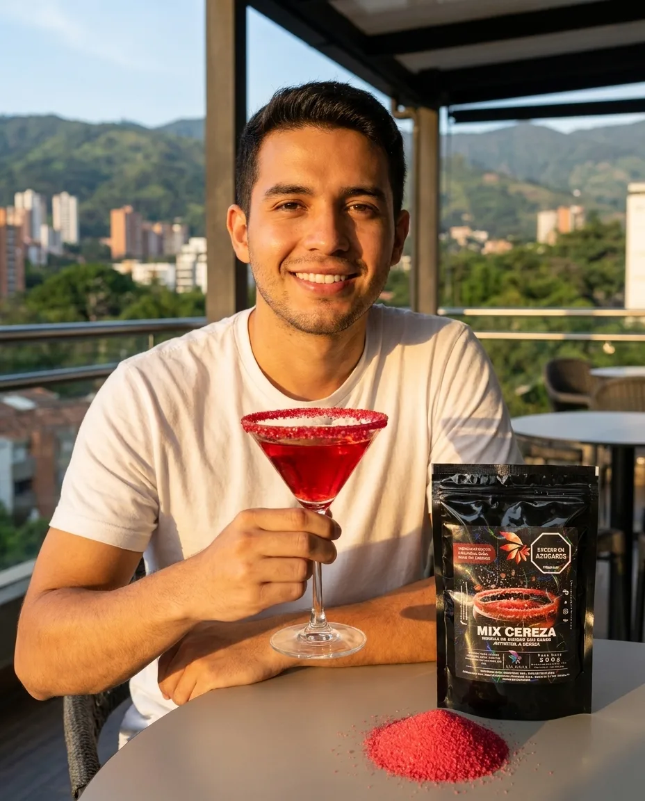 Cóctel rojo de cereza con borde escarchado y perlas explosivas LiquiPops — chico sonriendo en terraza con vista a la ciudad