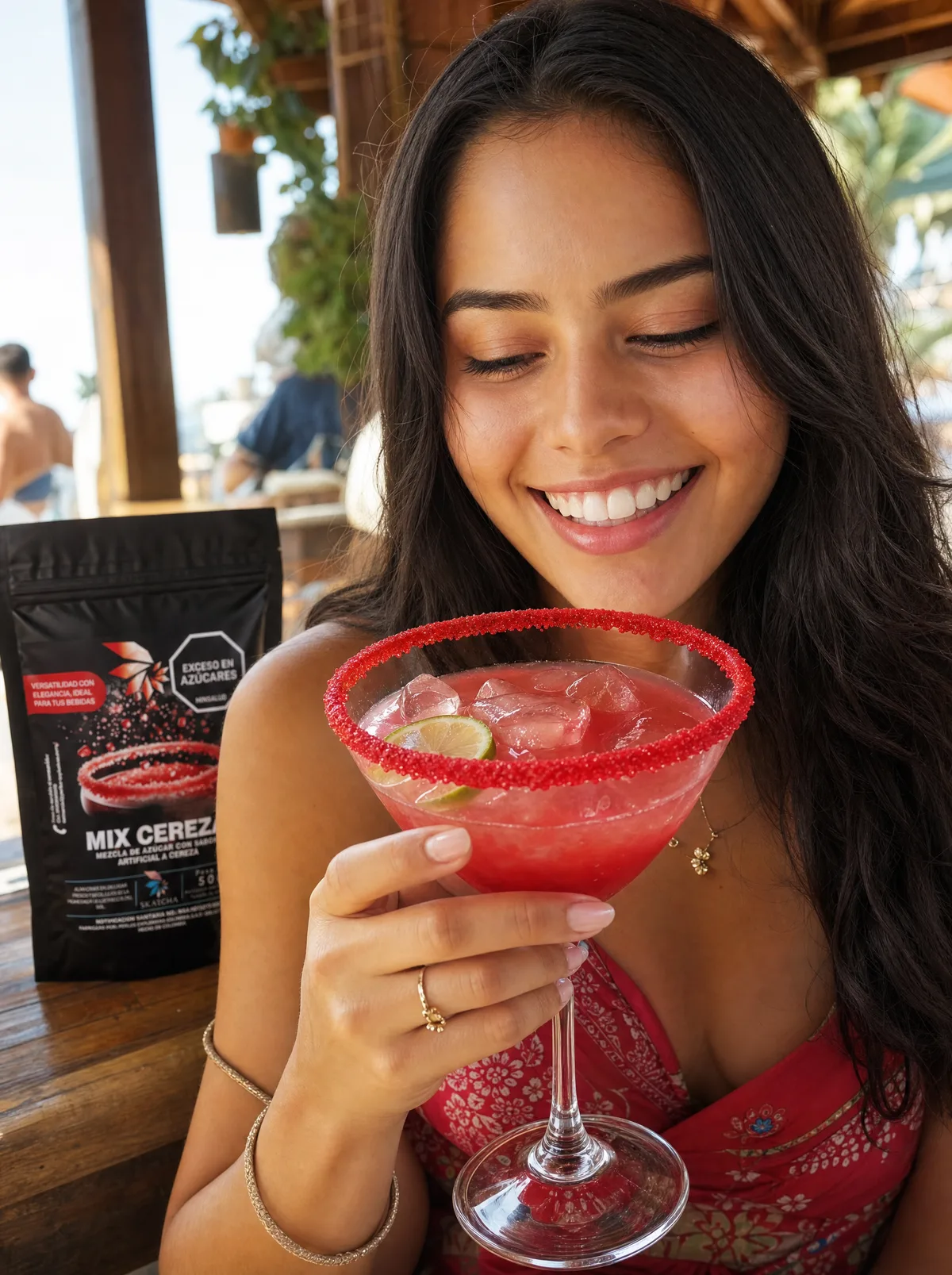 Mujer disfrutando un cóctel de cereza con escarchado rojo y perlas explosivas LiquiPops, junto a la bolsa Mix Cereza
