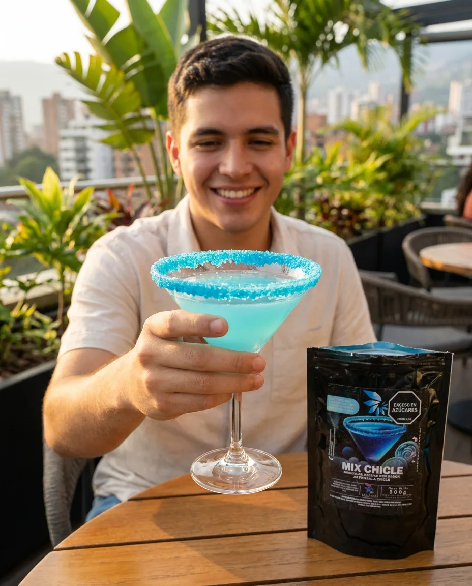 Cóctel celeste sabor chicle con borde escarchado azul y perlas explosivas LiquiPops — chico sonriendo en terraza tropical