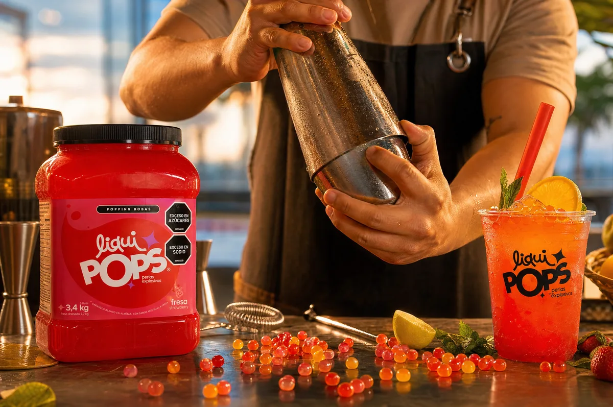 Bartender agita una coctelera junto a vaso rojo con perlas explosivas LiquiPops y bote de fresa sobre la barra