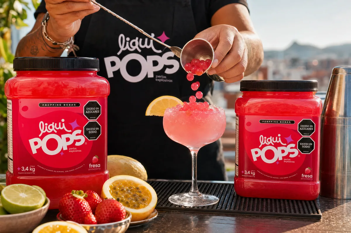 Bartender vierte perlas explosivas de fresa LiquiPops sobre un cóctel rosado granizado junto a botes de la marca