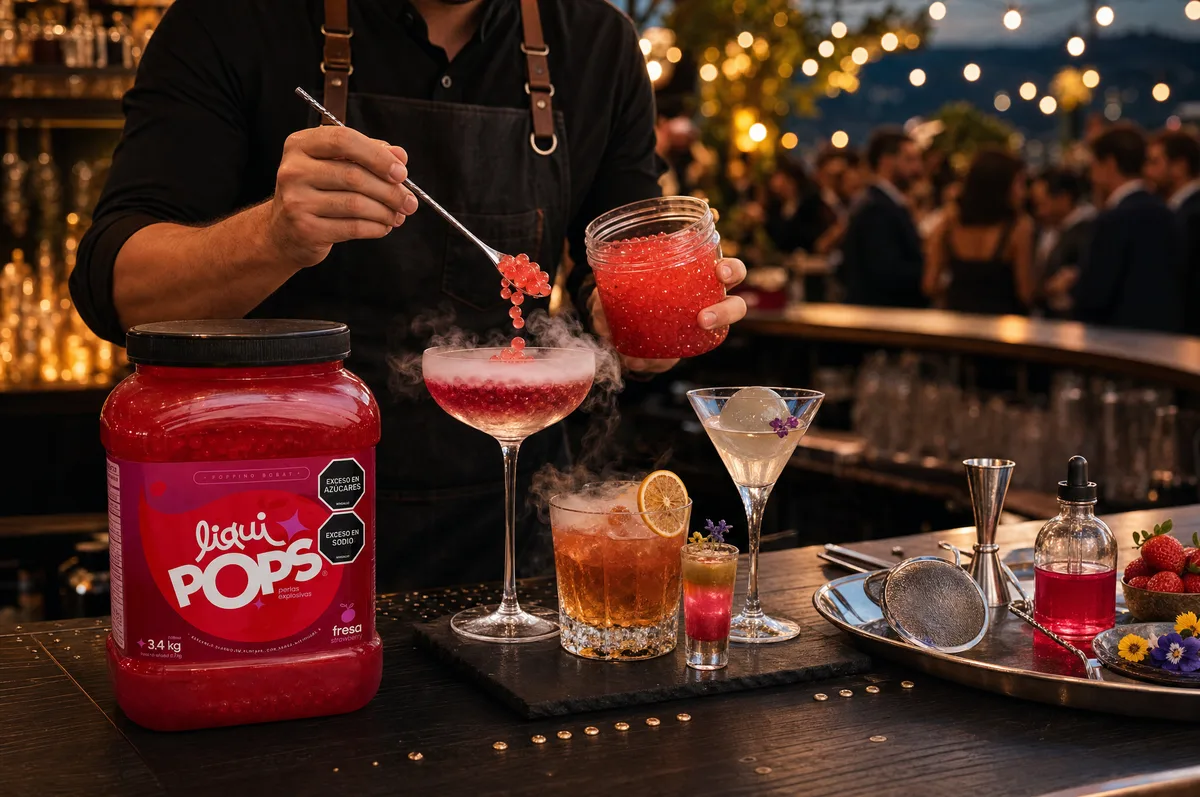 Bartender sirviendo perlas explosivas LiquiPops sabor fresa con cuchara sobre una copa de coctel en una barra al atardecer