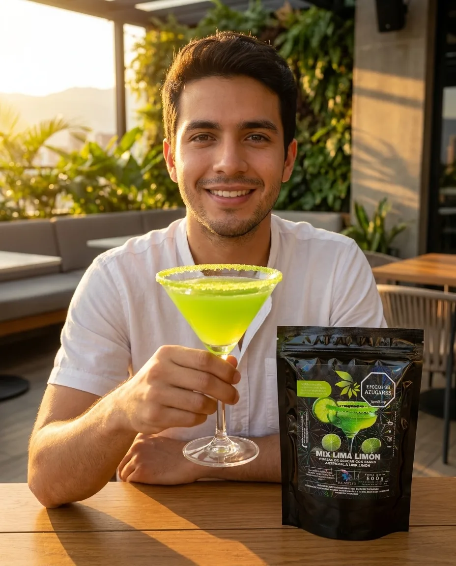 Cóctel verde de lima limón con perlas explosivas LiquiPops junto a la mezcla en polvo Mix Lima Limón al atardecer