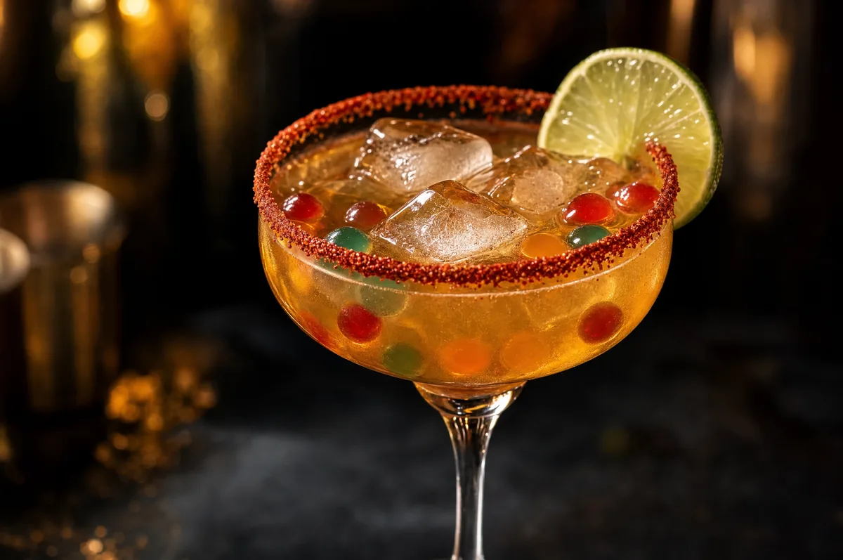 Cóctel dorado con borde escarchado de chamoy, hielo, rodaja de limón y perlas explosivas LiquiPops adentro