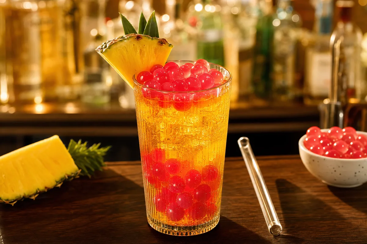 Cóctel de piña dorado con perlas explosivas ice pink LiquiPops y rodaja de piña en barra de bar