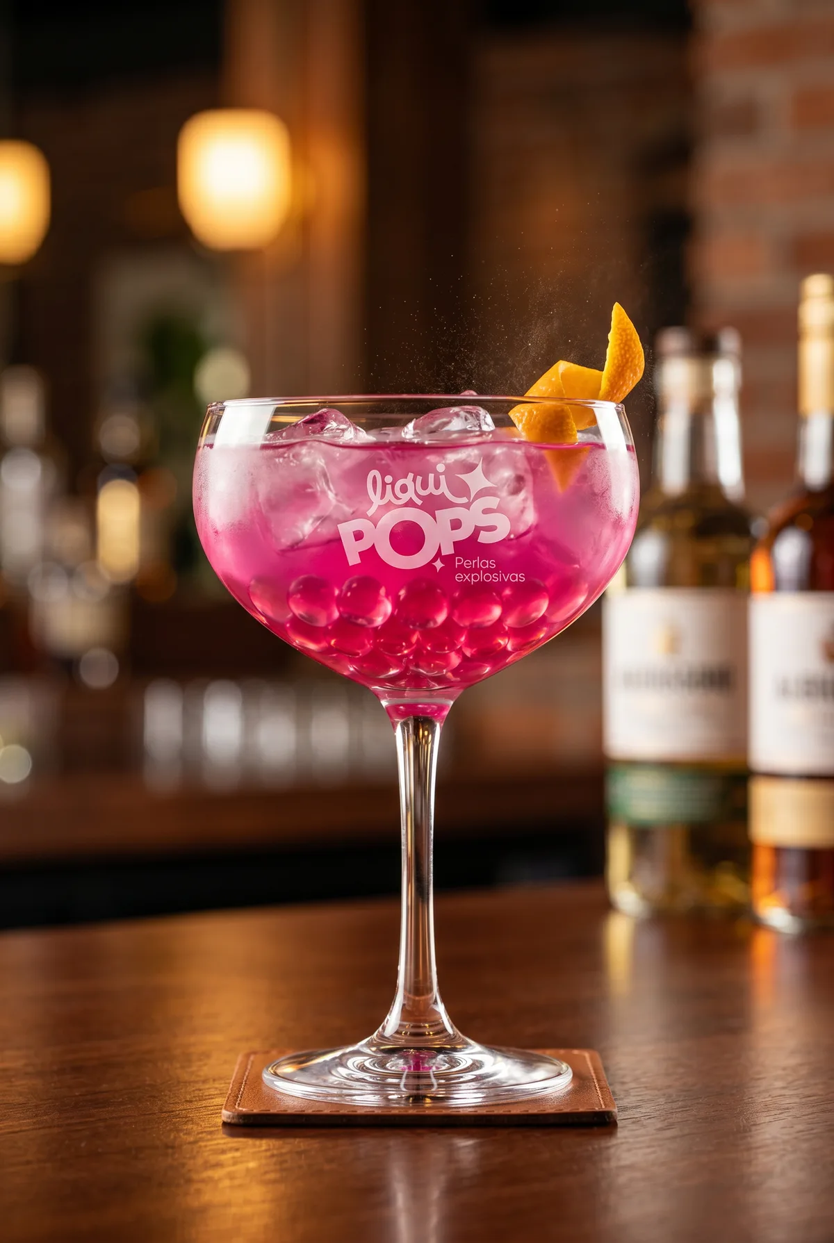 Cóctel rosa fucsia en copa coupe con perlas explosivas rosadas LiquiPops y cáscara de naranja — barra con botellas al fondo