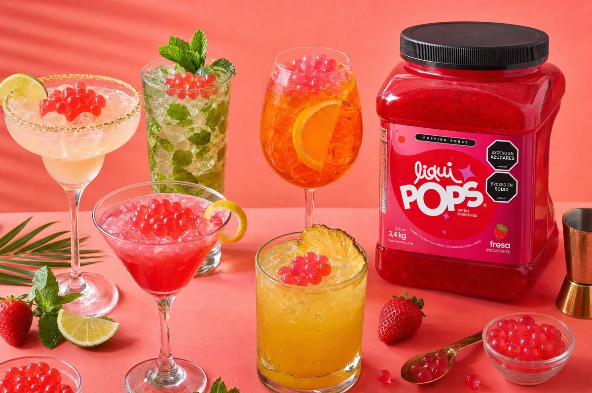Variedad de cócteles con perlas explosivas rojas LiquiPops junto al bote de fresa sobre fondo coral