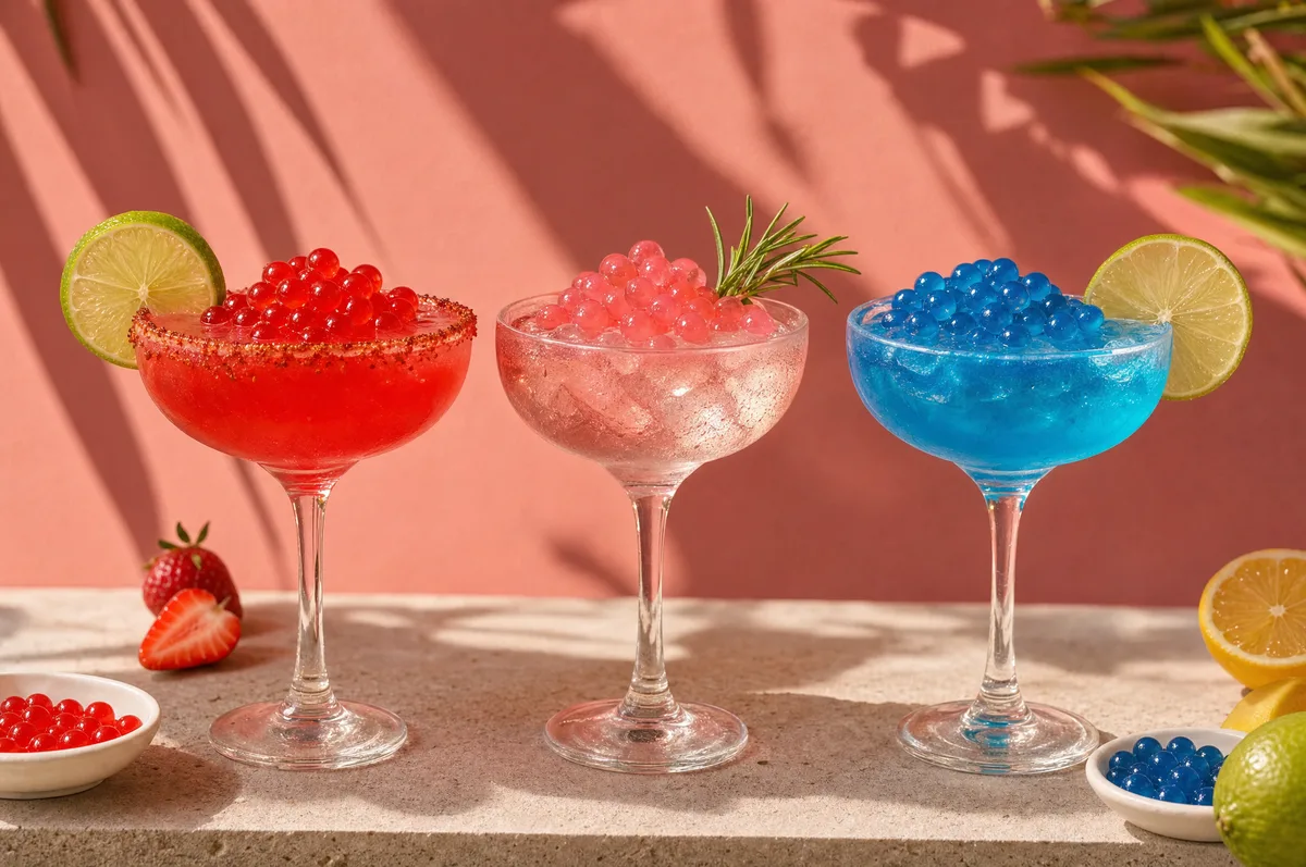 Tres cócteles tipo margarita con perlas explosivas roja, rosada y azul LiquiPops sobre repisa con luz cálida