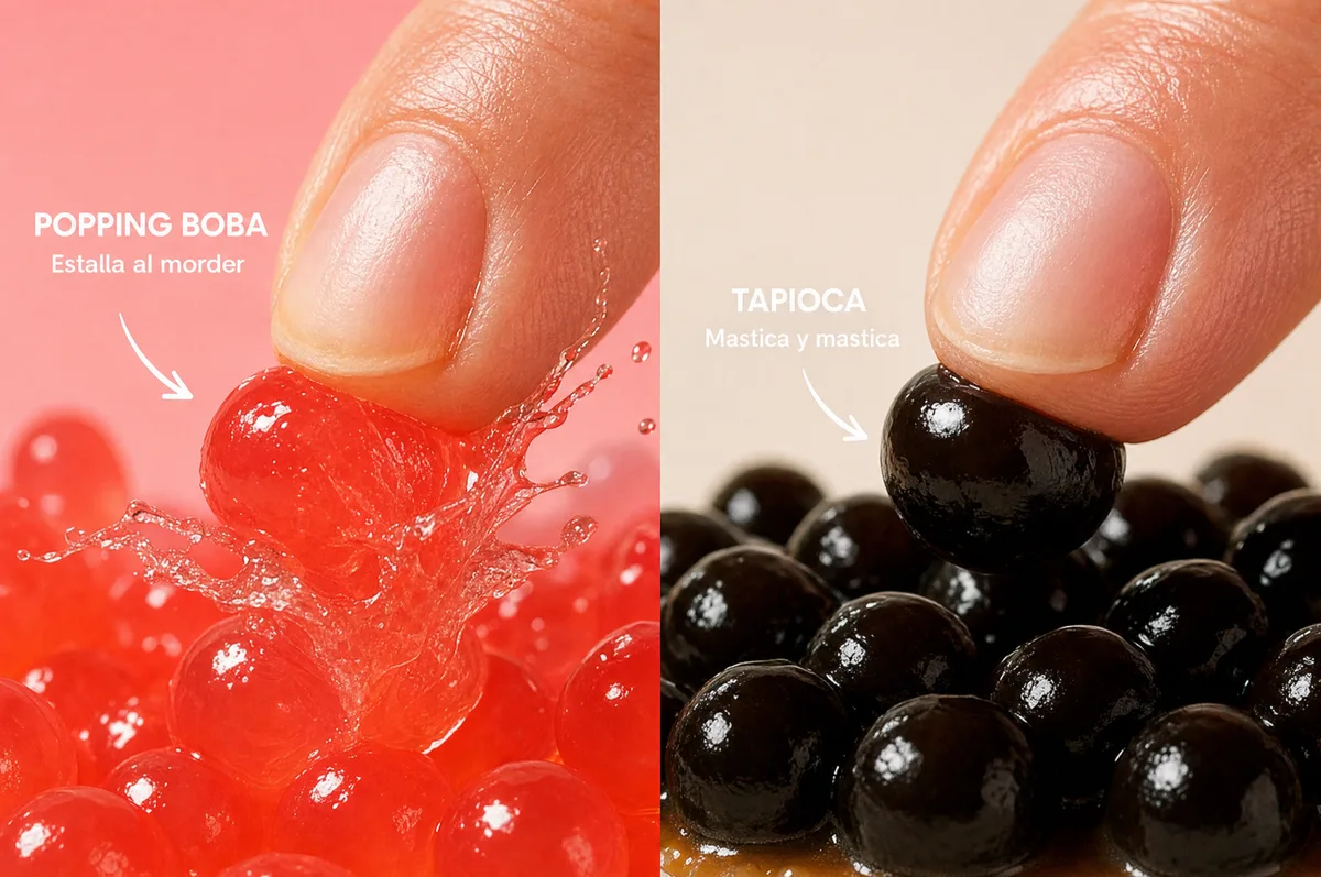 Comparativa lado a lado: popping boba roja que estalla al morder con perlas explosivas LiquiPops frente a perlas de tapioca negra masticables