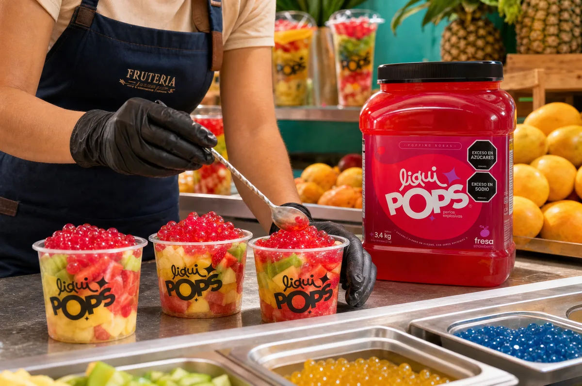 Vasos de fruta picada coronados con perlas explosivas LiquiPops rojas junto al tarro sabor fresa en una frutería