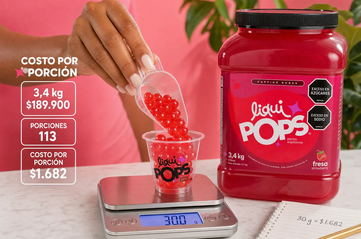 Cucharada de perlas explosivas de fresa LiquiPops cayendo en un vaso sobre báscula, con frasco de 3,4 kg — cálculo de costo por porción