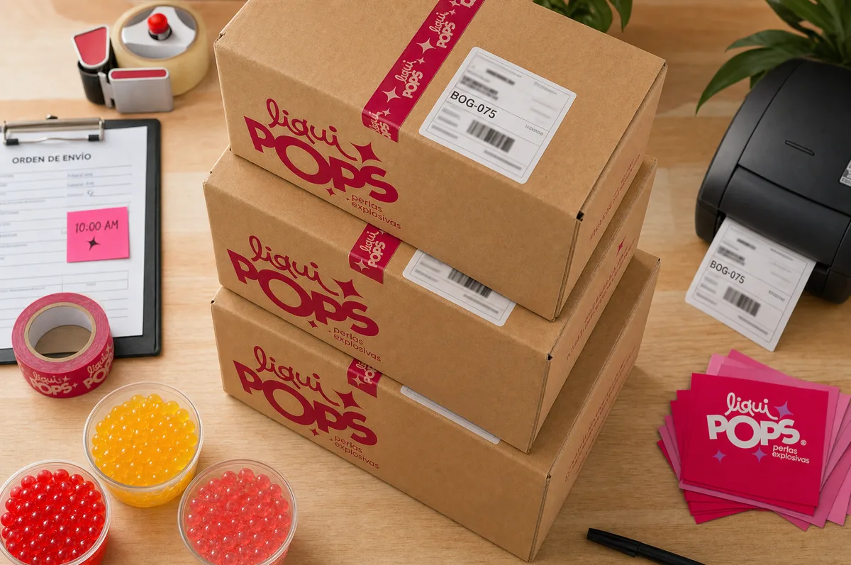 Cajas de envío con marca LiquiPops apiladas y etiquetadas para despacho, junto a bowls de perlas explosivas rojas y amarillas, cinta y stickers de la marca — listo para envío al por mayor en Colombia