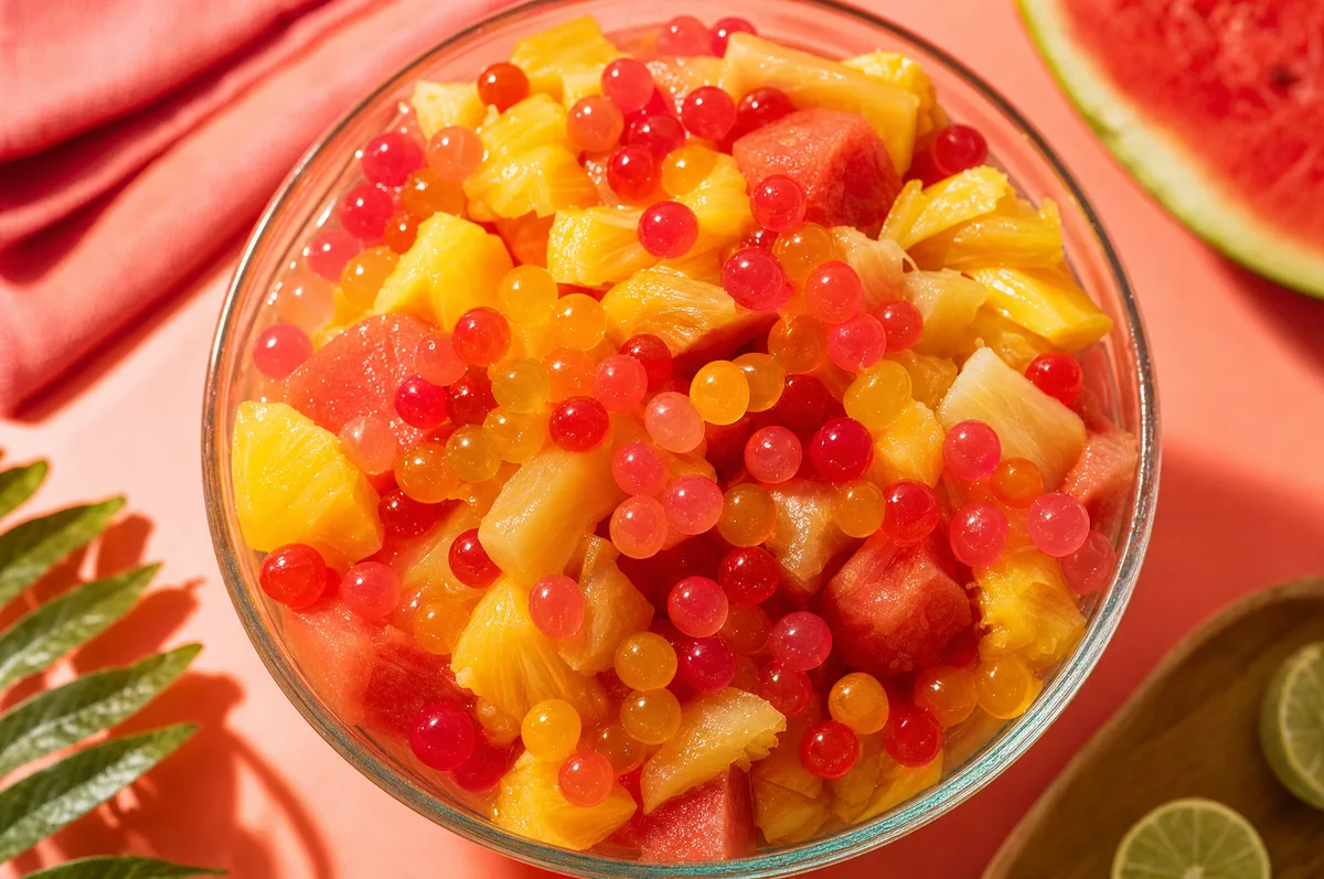 Ensalada de frutas con piña y sandía coronada con perlas explosivas de colores LiquiPops — receta fresca y tropical