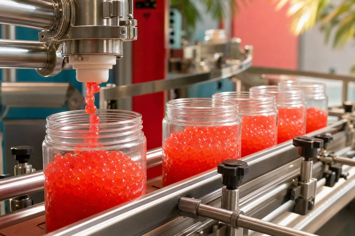 Línea de envasado llenando frascos con perlas explosivas rojas de fresa con perlas explosivas LiquiPops — producción en fábrica en Colombia