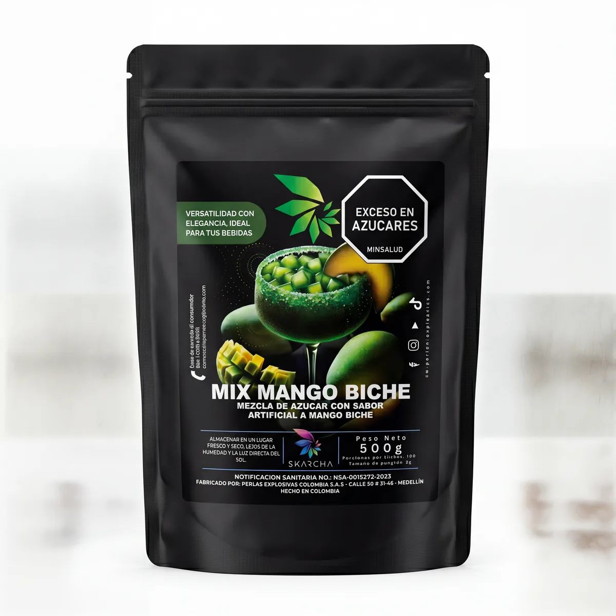 Empaque de mezcla de azúcar Skarcha mango biche 500g sobre fondo claro, para escarchar bebidas con perlas explosivas LiquiPops