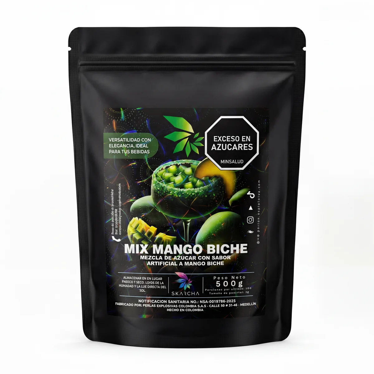 Bolsa de escarchador Skarcha mango biche con diseño neón sobre fondo claro, para preparar bebidas con perlas explosivas LiquiPops