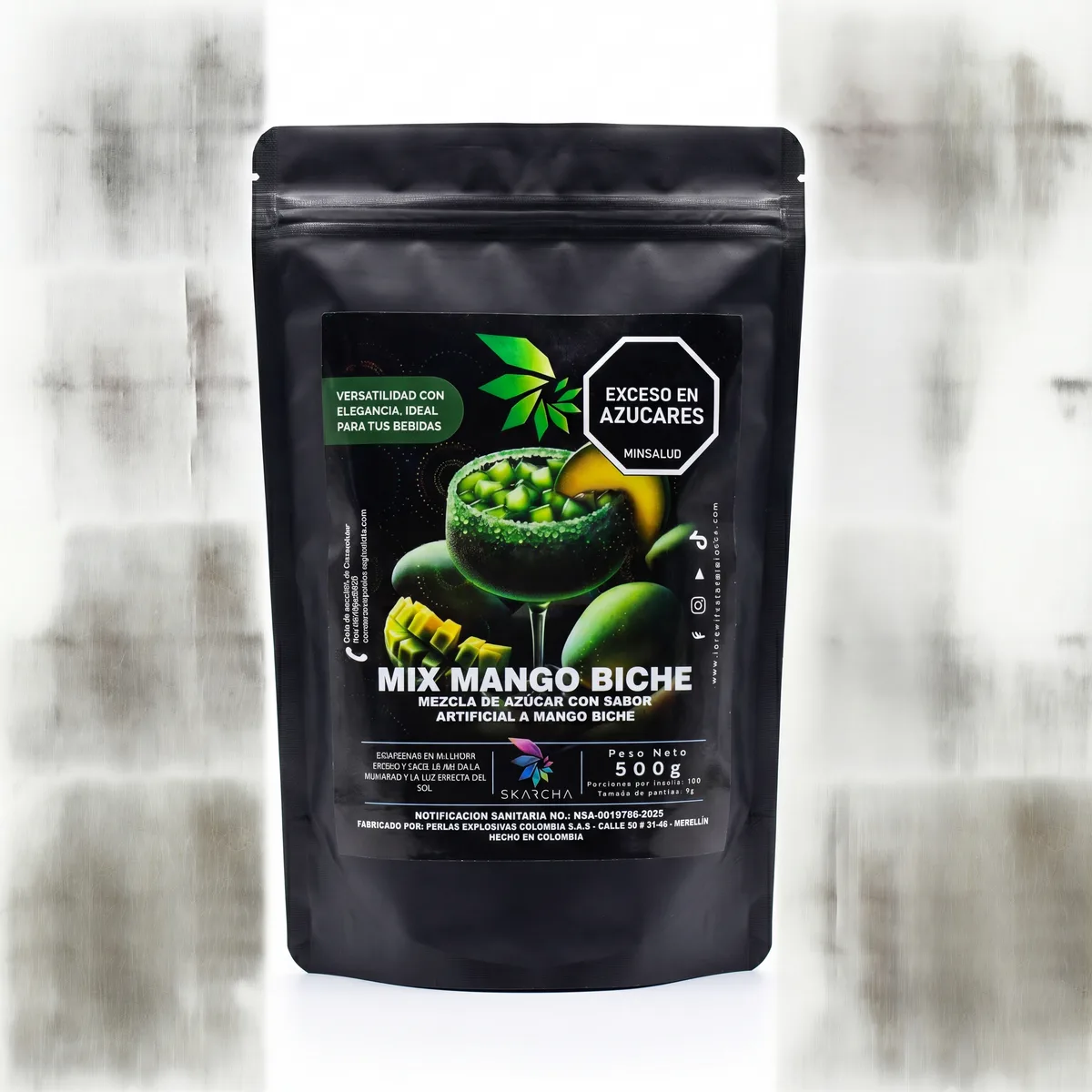 Packshot del escarchador Skarcha mango biche 500g, mezcla de azúcar para bebidas con perlas explosivas LiquiPops