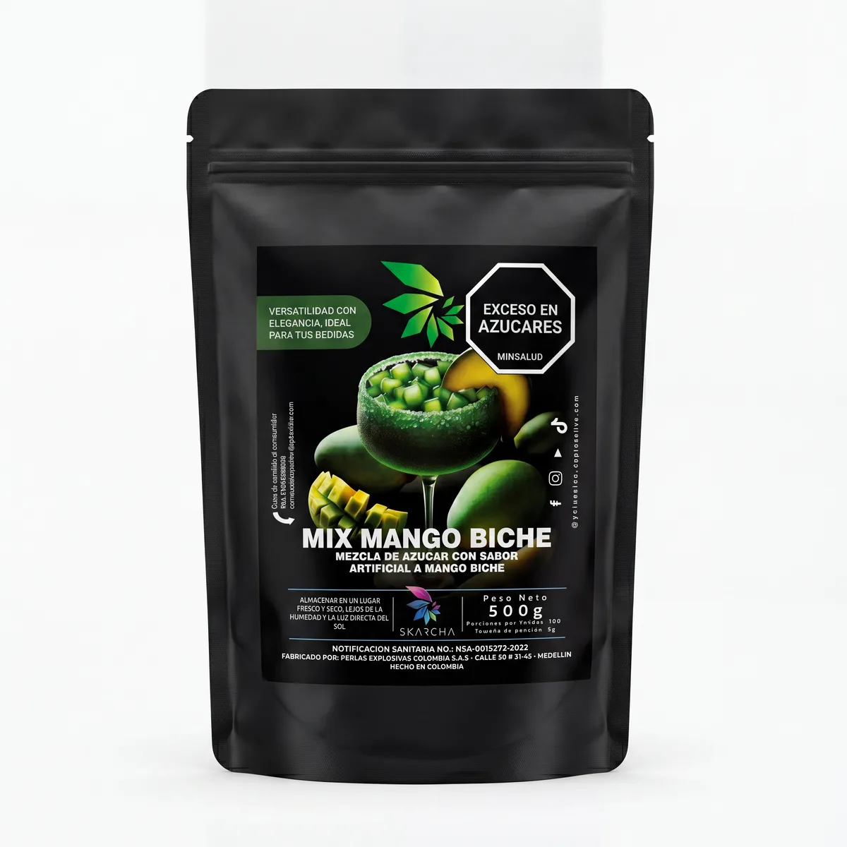 Bolsa de escarchador Skarcha mix mango biche 500g fabricado en Colombia, ideal para bebidas con perlas explosivas LiquiPops