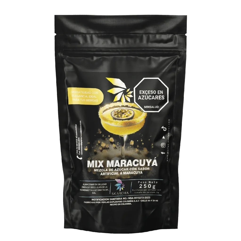 Vista frontal del escarchador Skarcha mix maracuyá 250g, mezcla de azúcar para escarchar bebidas con perlas explosivas LiquiPops